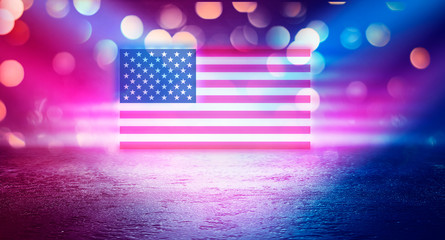 American national flag on abstract background. Abstract festive background with neon glowing USA flag.