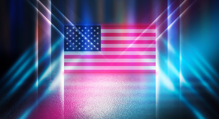 American national flag on abstract background. Abstract festive background with neon glowing USA...