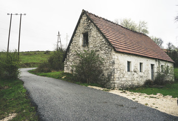 Abandoned old stone rural house. Village house. Derelict haunted stone house and dirt road in the woods. Tree white blossom