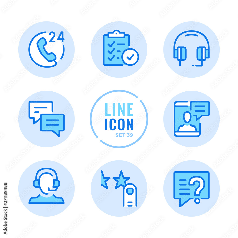 Poster customer service vector line icons set. client support, headset, help, user assistance outline symbo