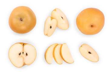 Fresh asian pear isolated on white background. Top view. Flat lay. Set or collection