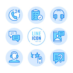 Customer service vector line icons set. Client support, headset, help, user assistance outline symbols. Thin line design. Modern simple stroke graphic elements. Round icons