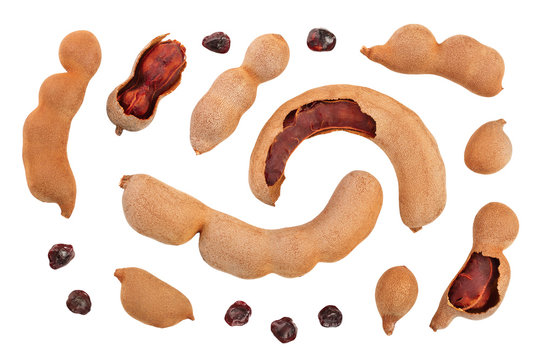 Tamarind fruit with seed isolated on white background, Top view. Flat lay. Set or collection