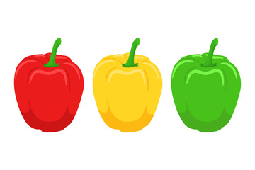 Set of bulgarian peppers. Red, yellow and green. Vector illustration.