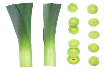 Leek vegetable closeup isolated on white background. Top view. Set or collection