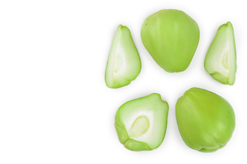 fresh Chayote vegetable isolated on white background with copy space for your text. Top view. Flat lay