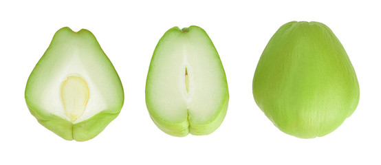 fresh Chayote vegetable isolated on white background. Top view. Flat lay