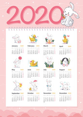 Vector baby calendar for 2020 year template with cute little white bunny and yellow funny duck characters in hand drawn style walking, laughing, sitting, playing etc. Advent calendar design.