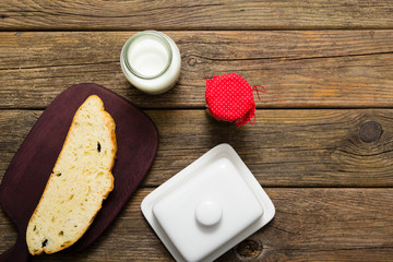 breakfast, jam, milk bottle, slice of bread