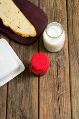 breakfast, jam, milk bottle, slice of bread
