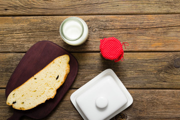 breakfast, jam, milk bottle, slice of bread