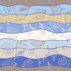 Seamless pattern. Blue pattern and hand draw in marine style. Vector illustration.