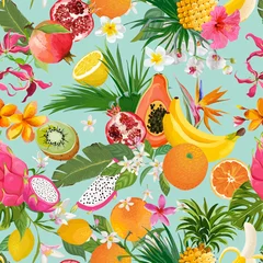 Fotobehang Seamless pattern with tropical fruits and flowers. Banana, Orange, Lemon, Pineapple, Dragon fruit background for textile, fashion texture, wallpaper in vector © wooster