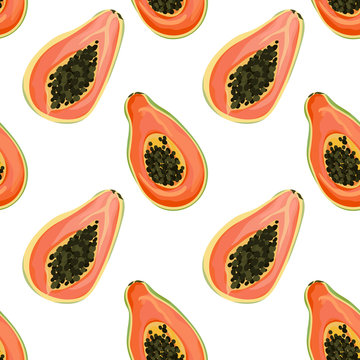 Seamless background with tropical fruits, Papaya exotic texture for wallpaper, textile pattern, botanical vector illustration, fabric fashion, tropic template