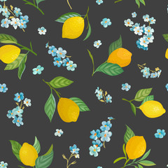 Seamless Lemon pattern with tropic fruits, leaves, forget me not flowers background. Hand drawn vector illustration in watercolor style for summer romantic cover, tropical wallpaper, vintage texture