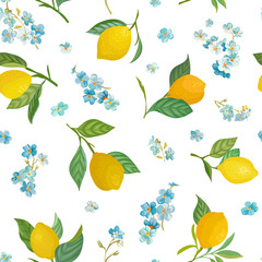 Seamless Lemon pattern with tropic fruits, leaves, forget me not flowers background. Hand drawn vector illustration in watercolor style for summer romantic cover, tropical wallpaper, vintage texture
