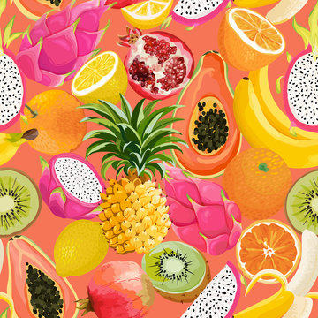 Seamless pattern with tropical fruits. Banana, Orange, Lemon, Pineapple, Dragon fruit background for textile, fashion texture, wallpaper in vector
