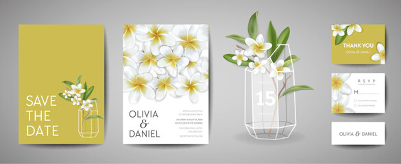 Botanical wedding invitation card Template Design, Tropical Plumeria Flowers and Leaves in modern style, Collection of Save the date, RSVP, greeting in vector