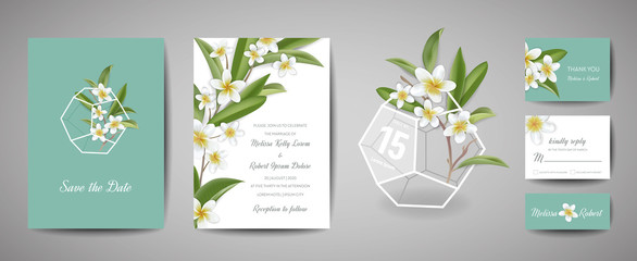 Botanical wedding invitation card Template Design, Tropical Plumeria Flowers and Leaves in modern style, Collection of Save the date, RSVP, greeting in vector