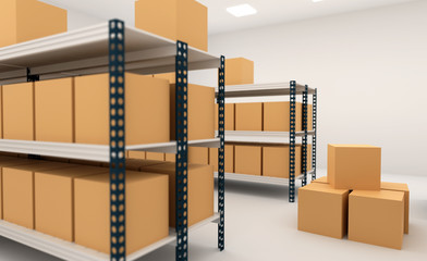 Warehouse with shelves and boxes, 3d render illustration.