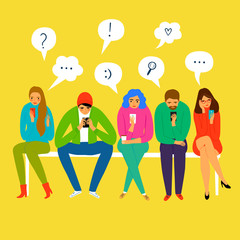 Set of cartoon people sitting and looking on smartphone screen.