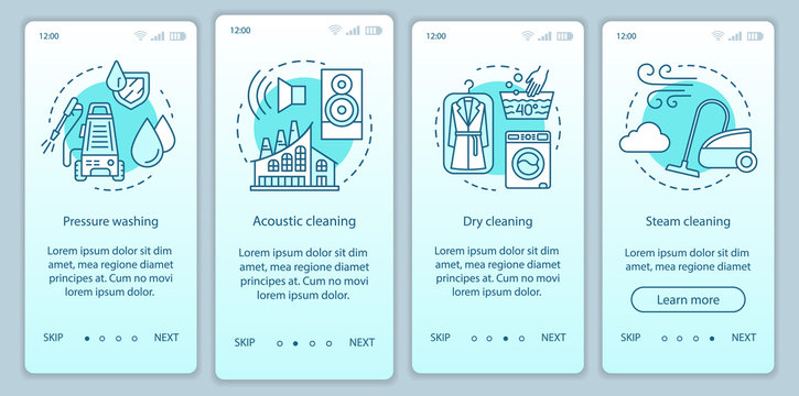Cleaning methods onboarding mobile app page screen, linear concepts