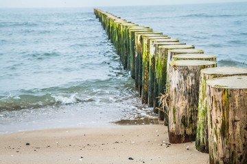 Fototapeta premium Raw of Wooden Breakwaters at a seaside