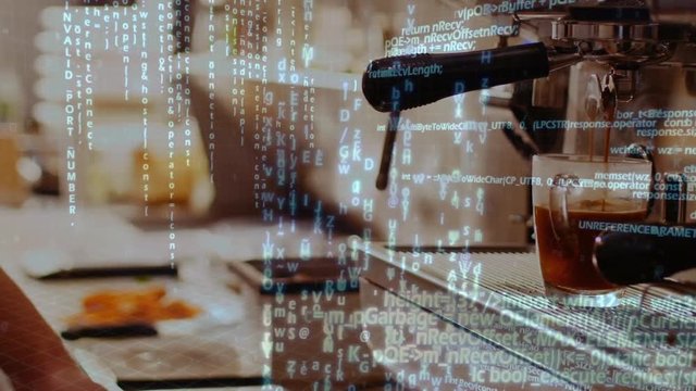 Program codes and a cup of coffee in a coffee machine