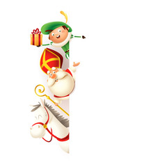 Saint Nicholas horse Amerigo and helper Piet on left side of board - happy cute characters celebrate holidays - vector illustration isolated on white