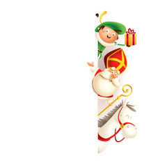 Saint Nicholas or Sinterklaas horse Amerigo and Zwarte Piet on right side of board - happy cute characters celebrate holidays - vector illustration isolated on white