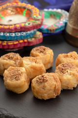 Traditional arabic delight sweets with cashew nuts. Eastern sweets. Close up.