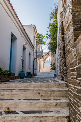 Fototapeta na wymiar Traditional alley in Batsi village of Andros, on a sunny day, Cyclades, Greece