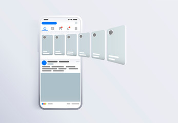 Promotion in social media. Smartphone with interface carousel post on social network.  Screen phone with the application. Design template from landing page or banner. Modern white smartphone 2019.