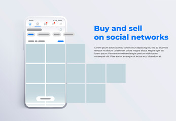 News feed in a social network in the form of a grid. Promotion in social media. Smartphone with social network interface. Screen phone with the application. Design template from landing page or banner