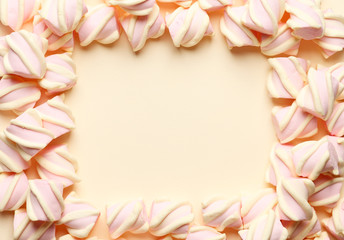 Abstract composition of marshmallows. Frame made of marshmallows. Top view