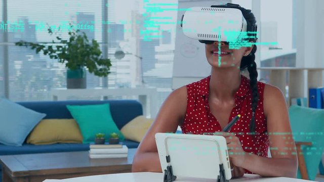 Woman wearing virtual goggles in the living room