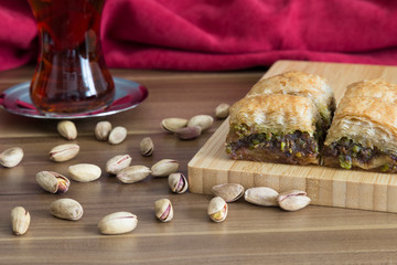 Turkish style Antep baklava with walnut, pistachio for presentation and service 