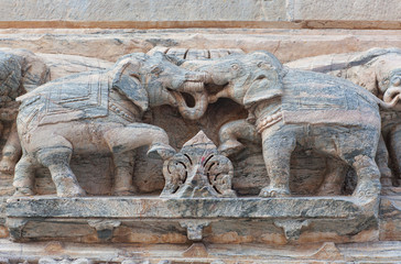 Bas-relief with Elephants at famous ancient Jagdish Temple in Udaipur, Rajasthan, India