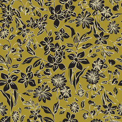 Floral seamless pattern. Leaves, flowers, tulips, irises, plants.