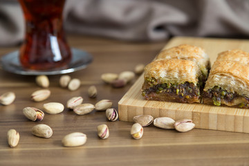 Turkish style Antep baklava with walnut, pistachio for presentation and service 