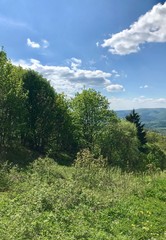 Scenic hike to the Kreuzberg (Calvary) pilgrimage site in Bavaria's Rhön (Rhoen) region (Germany), a sacred mountain with lush grass and a blue sky with white clouds