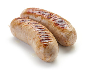grilled sausages on white background