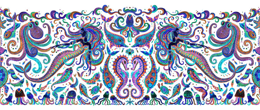 Seamless border pattern of colorful hand painted fairy tale sea animals and mermaid. Watercolor fantasy fish, octopus, sea shells, bubbles on a white background. Batik fringe, textile print