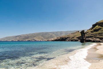 Fototapeta na wymiar Tis Grias to Pidima beautiful Turquoise beach, Greece, Cyclades islands, Andros island,