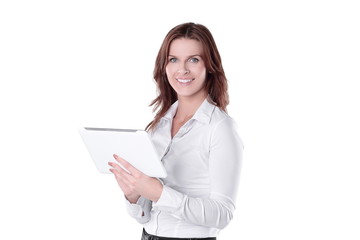 Fototapeta premium close up.young business woman with digital tablet. isolated on white
