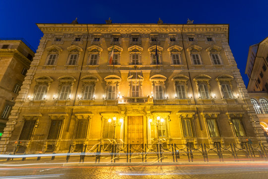 Night view of Madama Palace  in city of Rome, Italy
