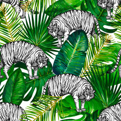 Seamless pattern with graphic white tigre and gouache green tropical leaves