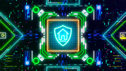 Fototapeta premium Security and protection. Shield and home symbol on glitch cyber background.