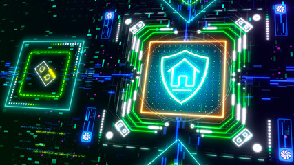 Net security, computer protection and internet safety symbol. Neon shield sign