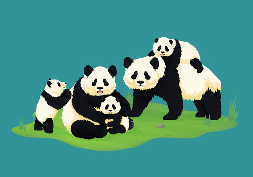 Giant panda family. Two adult pandas with three baby pandas. Chinese bears.  Mother, father and children. Rare, vulnerable species. Stock Vector | Adobe  Stock